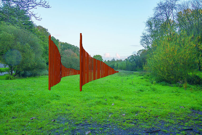 Structure "Marcher sur l'eau blanche" de Marie-Claire Raoul, simulation 3D, prairie de Palaren, 2022