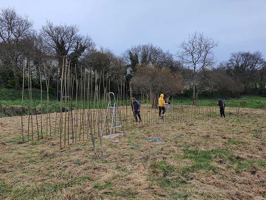 Chantier participatif, construction de la sculpture [Marcher sur l'eau blanche] de Marie-Claire Raoul, prairie de Keravilin, Guipavas, 28 février, 1er et 3 mars 2022