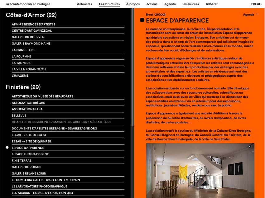 Capture d'écran de la page [Structures] du site a.c.b - art contemporain en Bretagne