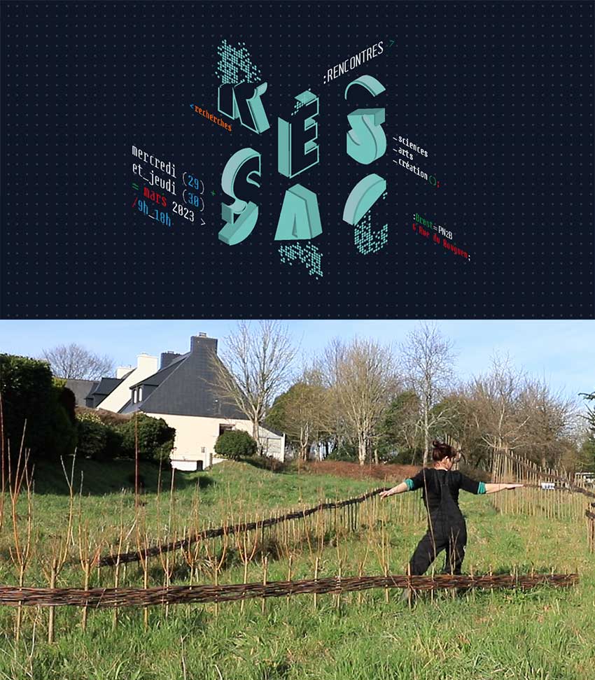 Visuel pour la rencontre RESSAC 2023 à l'UBO de Brest. En haut affiche. En bas danseuse Caroline Denos danse dans la sculpture Marcher sur l'eau blanche de Marie-Claire Raoul