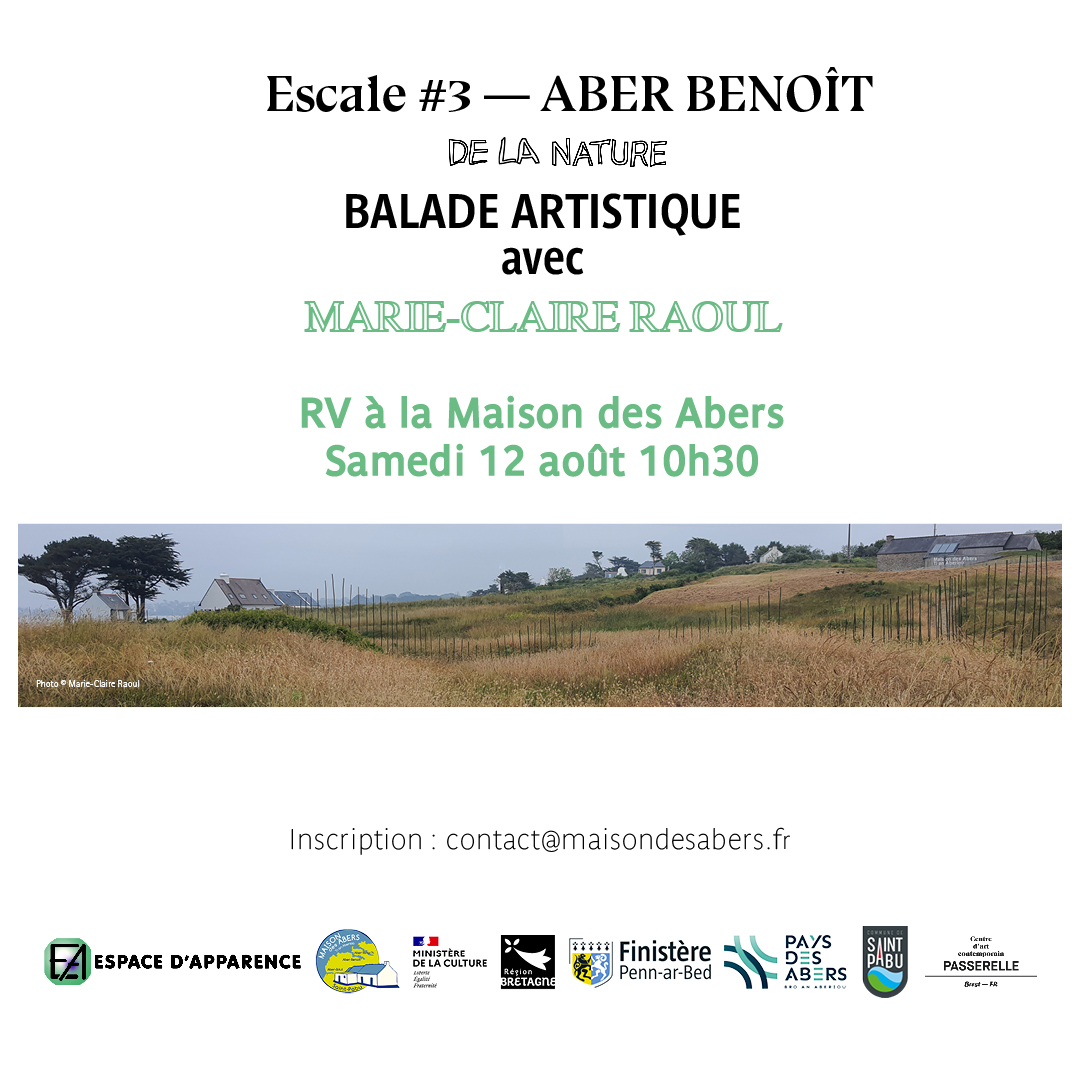 Invitation à la balade artistique de Marie-Claire Raoul le 12 août 2023 dans le cadre de l'exposition Escale #3-Aber Benoît à Saint-Pabu.