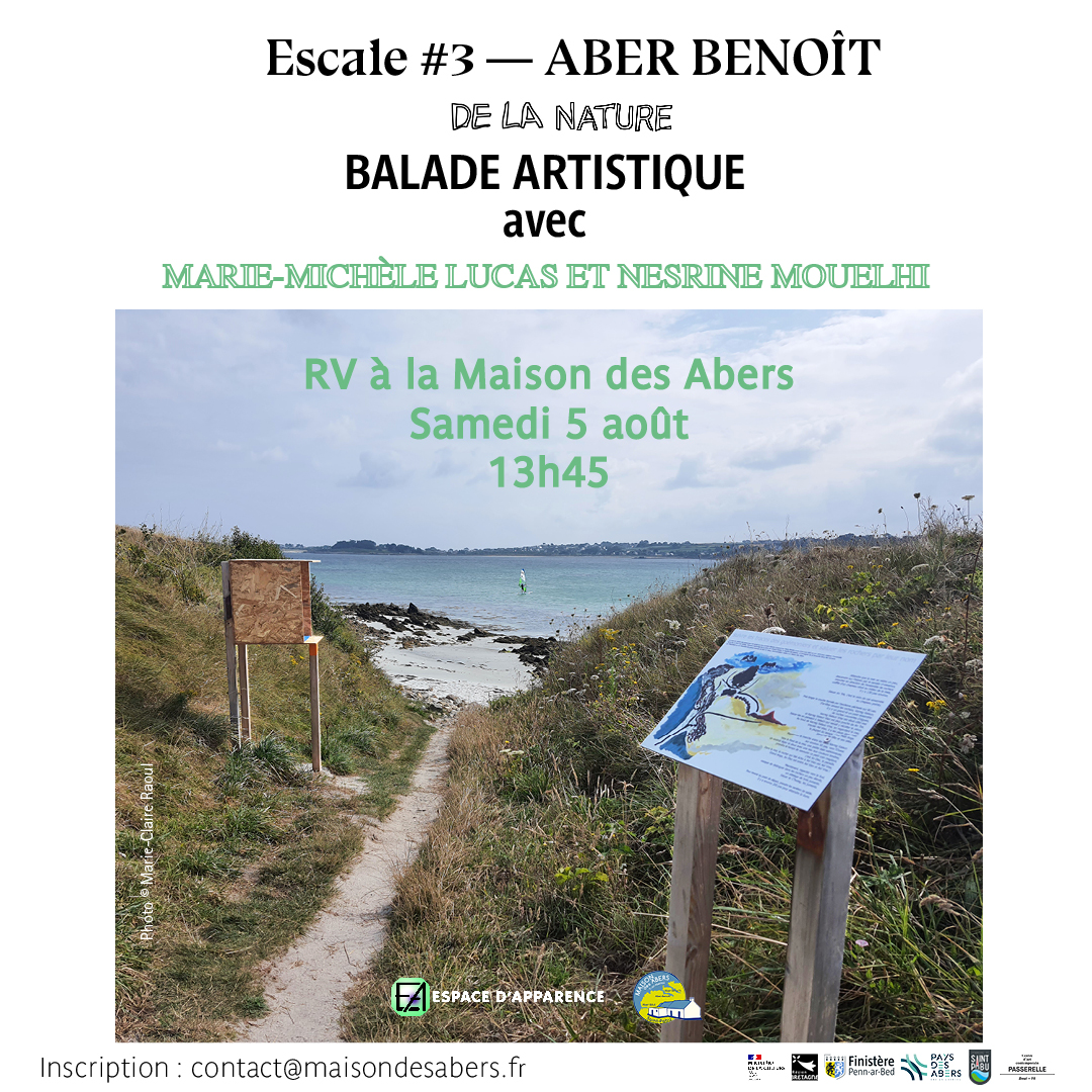 Invitation à la balade artistique de Marie-Michèle Lucas et Nesrine Mouelhi le 5 août 2023 dans le cadre de l'exposition Escale #3-Aber Benoît à Saint-Pabu.
