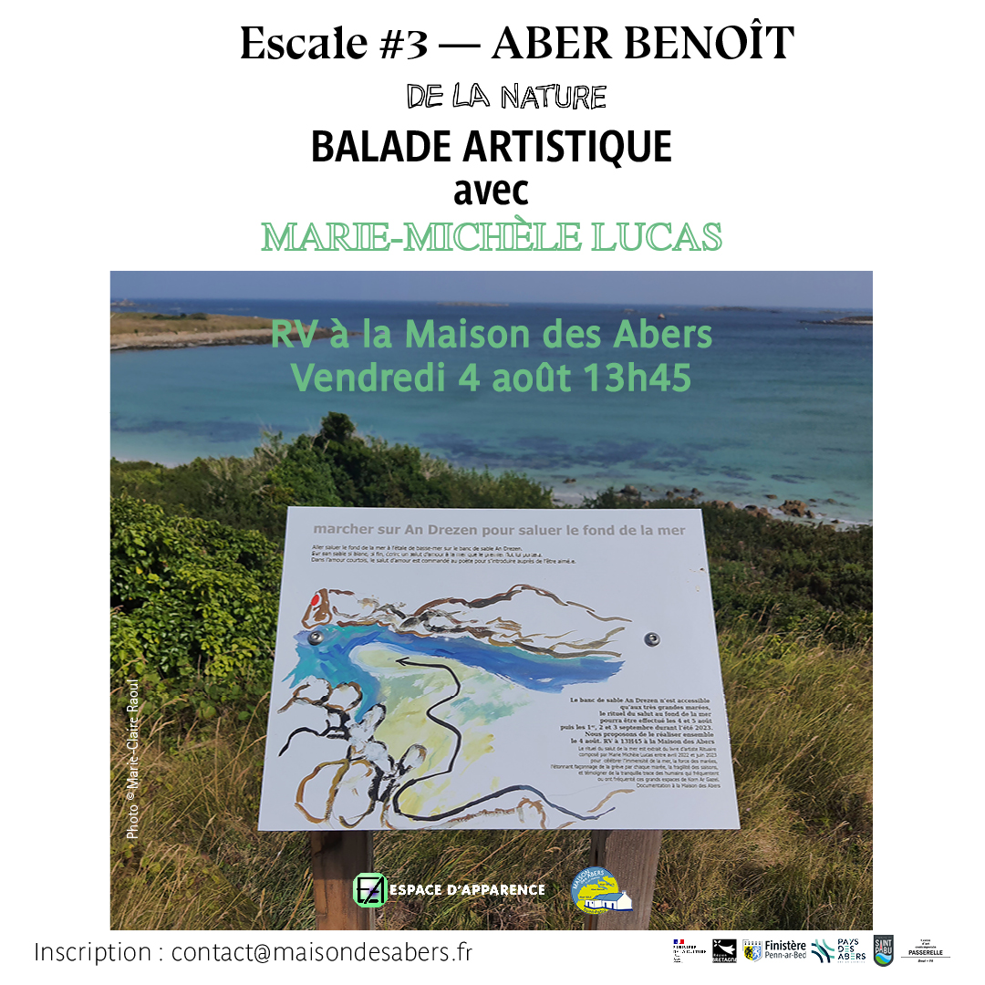 Invitation à la balade artistique de Marie-Michèle Lucas le 4 août 2023 dans le cadre de l'exposition Escale #3-Aber Benoît à Saint-Pabu.