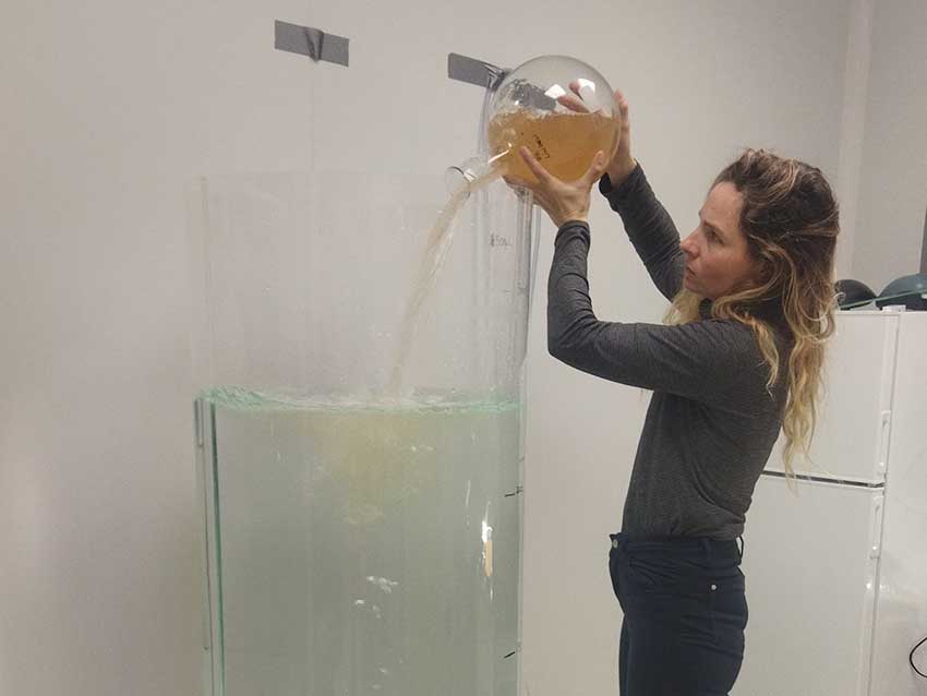Pauline Hégaret prépare le dispositif d'immersion en eau de mer contenat des microalgues bioluminescentes pour son projet Mixotrophia. Décembre 2025