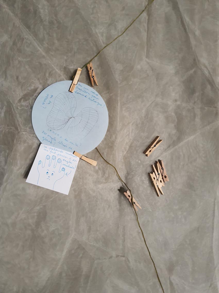 [La mer a des oreilles ?], proposition d'un.e participant.e lors de l'atelier [Art et science] animé par la biologiste C. Paillard et l'artiste M.-C. Raoul aux Actes Bretagne 2025, SEW, Morlaix. Photo © M.-C. Raoul.