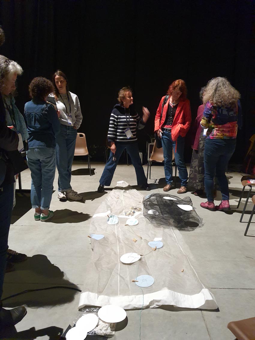 Regard collectif sur l'installation issue de l'atelier [Art et science] animé par la biologiste C.Paillard et l'artiste M.-C. Raoul aux Actes Bretagne 2025, SEW, Morlaix. Photo © M.-C. Raoul.