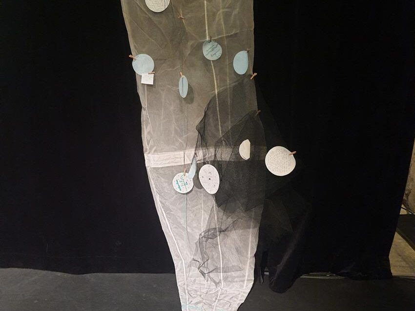 L'nstallation issue de l'atelier [Art et science] animé par la biologiste C.Paillard et l'artiste M.-C. Raoul aux Actes Bretagne 2025, SEW, Morlaix. Photo © M.-C. Raoul.