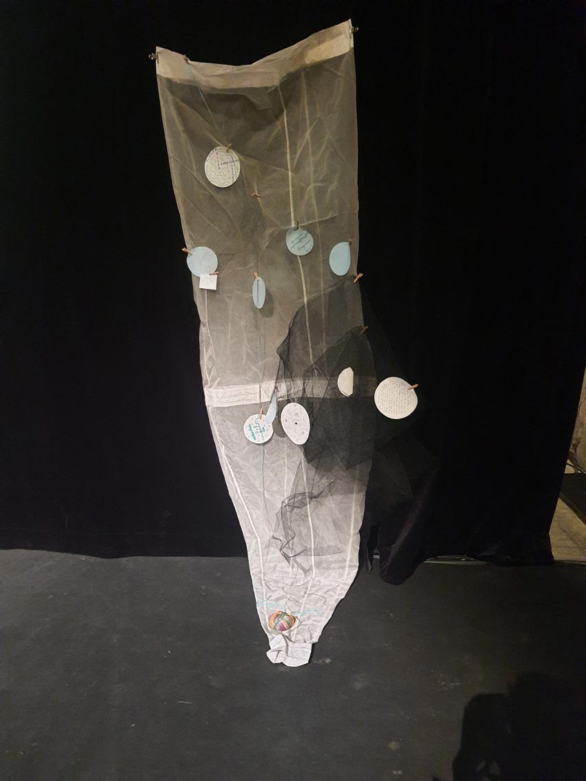 L'nstallation issue de l'atelier [Art et science] animé par la biologiste C.Paillard et l'artiste M.-C. Raoul aux Actes Bretagne 2025, SEW, Morlaix. Photo © M.-C. Raoul.