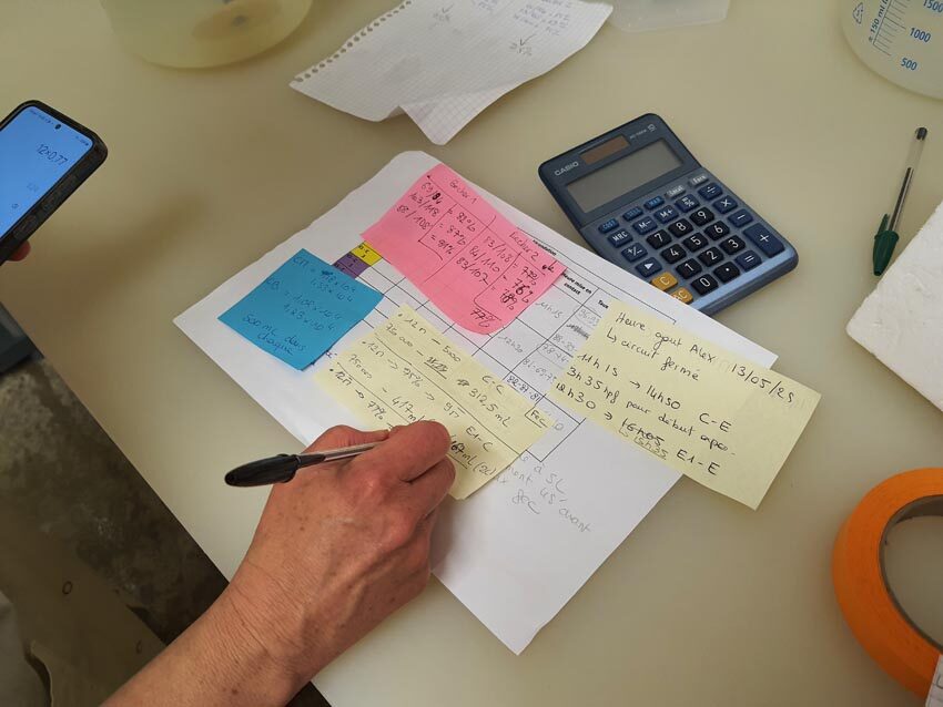 Prises de notes sur les différentes étapes de l'expérimentation en cours, station expérimentale d'Argenton, 15 mai 2025. Photo © M.-C. Raoul
