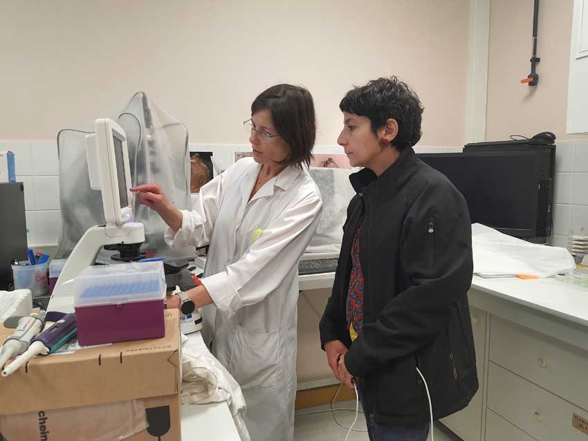 Caroline Fabioux, chercheuse en biologie marine (UBO), donne des explications à Laurence Nicola sur les observations de gamètes d'huîtres creuses au microscope, station expérimentale d'Argenton, 13 mai 2025. Photo © M.-C. Raoul